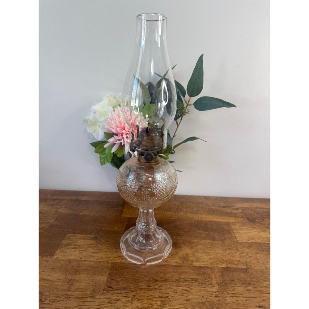Vintage Floral Pressed Glass Oil Lamp UV Glow Victorian Clear Glass Chimney